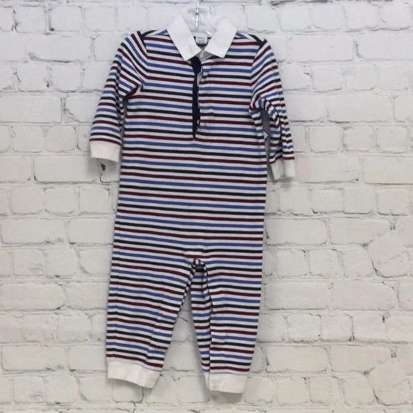Janie & Jack 12-18M Striped Button Long Sleeve Romper - Picture 1 of 8